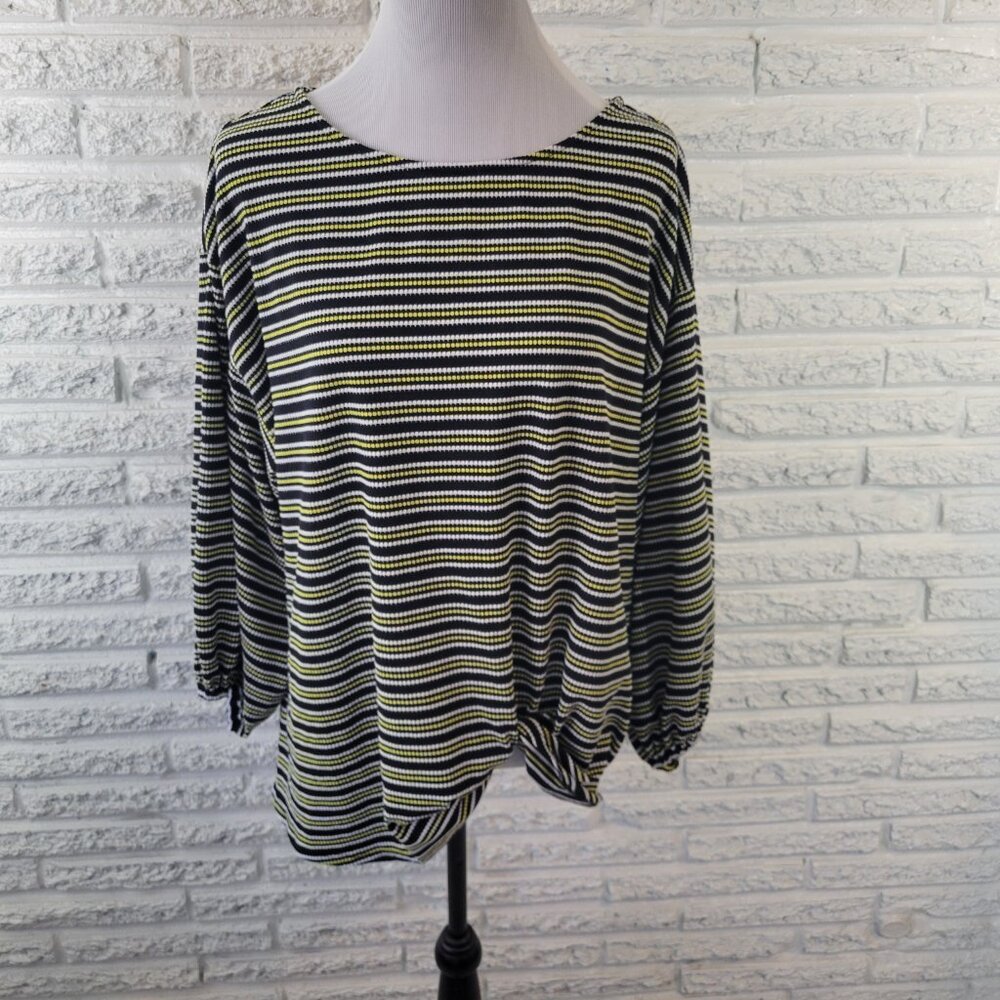 Ruby Rd 1X Black Yellow Striped Knotted Hem Pullover Knit Long Sleeve STR45E
